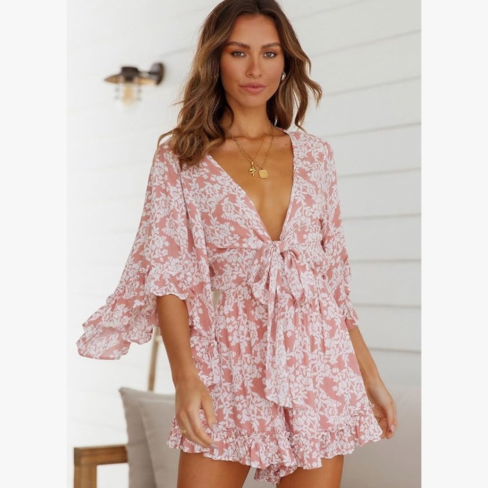 PRETTYGARDEN Ruffles Sleeve Floral Print Romper One Pink White X-Large